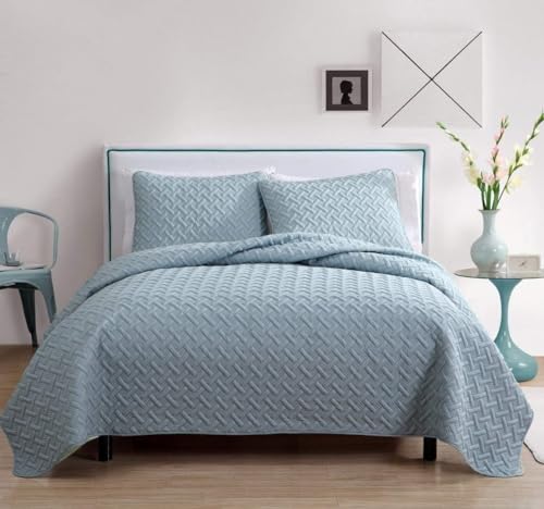 VCNY Home Colcha Ropa de Cama con Fundas de Almohada a Juego, acogedora decoración de habitación, Microfibra de algodón y poliéster, Azul Nina, Matrimonio