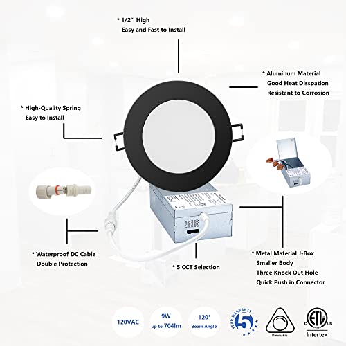 Popanu Led-Canless Downlight Recessed Lighting 4-Inch 5 Cct Adjustable Dimmable Recessed Lights Fixture With Junction Box, Ceilling Light With Junction Box, 2700-5000K, 9W, Black Finish, 6 Pack #TOP3