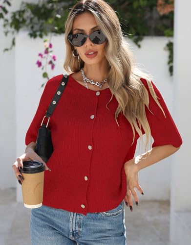 Image of Alsol Lamesa Women's Lightweight Button Up Knitted Cardigan Sweater Solid Color Short Sleeve Cute Cardigan Tops