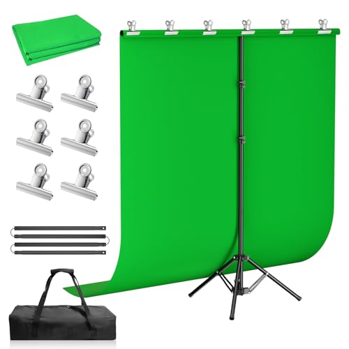 5x7ft Green Screen Backdrop Kit with Stand, Portable Greenscreen Background Includes Foldable T-Stand, 6 Clips and Carry Bag for Streaming, Gaming, Meeting, Video Production, Photography