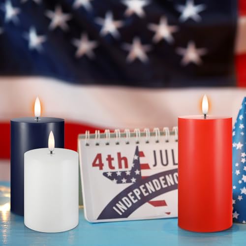 Image of Hiboom 3 Pcs 4th of July Flameless Candles Patriotic Red White and Blue LED Flameless Pillar Candles Real Wax Multicolor Fake Battery Operated Wedding Decor, H 3.94 inch 4.92 inch 5.91 inch x D 2.95 inch