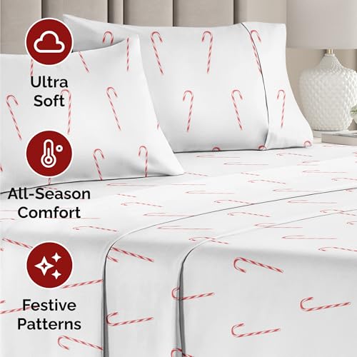 Queen Christmas Candy Canes Sheet Set - Holiday Xmas Pattern Bedding Set - Deep Pockets - Snug Fit - 4 Piece - Wrinkle Free - Cozy Cooling Festive Winter - Holiday Sheets for Women, Men, Kids & Teens