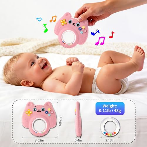Image of Baby Teether Toy Silicone Cat Teething Ring -Game Controller, Baby Rattle Toy Chew Sensory Toys for Babies Over 3 Months, Teething Relief for Newborn Infant Essentials 0-6 6-12 Months, BPA Free -Pink