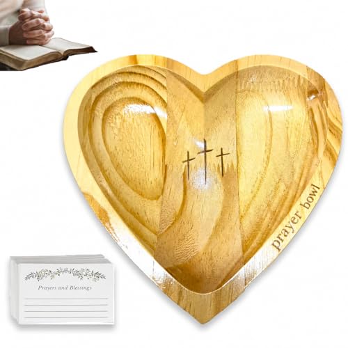 Prayer Bowl Wooden with 24 Prayer Cards Heart Shaped Decor Prayer Bowl Religious Gift for Women Mom Dad Daughter or Husband Christian Easter Gifts for Mom Men