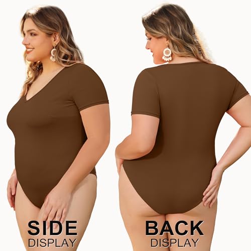 Image of COOTRY Plus Size Short Sleeve Bodysuits for Women V Neck Body Suit Tops Basic One Piece Bodysuit T Shirt
