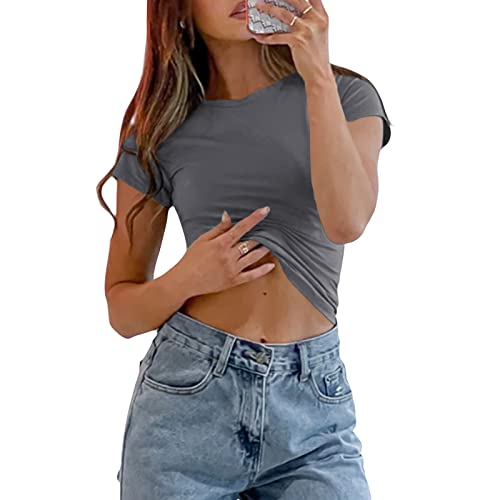 Camiseta Básica Slim Fit para Mujer Top Manga Corta Y2K Tops TikTok Influence Crop Top Club Party Streetwear(Gray-1, M)