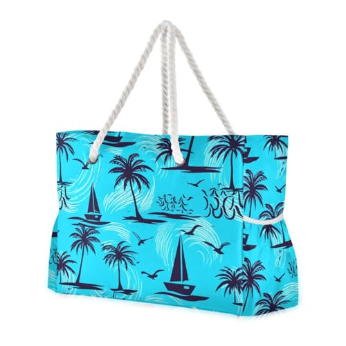 Sailboat Coconut Palms Cyan Beach Tote Bag for Women Waterproof Swim Pool Extra Large Beach Bags with Zipper Carry On Travel Bag for Yoga Gym Women Vacation Essentials Nurse