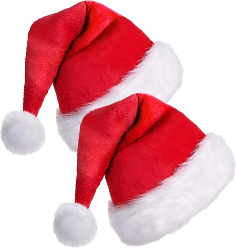 Image of Christmas Hat for Adults Women Men, Santa Close Plush Red Velvet Xmas Hat 2024 New Year Holiday Party Accessories Supplies Headwear, Unisex Santa Claus Cap for Christmas Decoration - Red-White, 2 Unit
