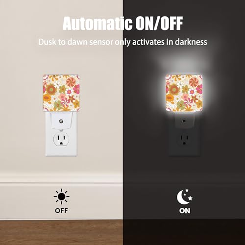 Image of Vintage Boho Floral Night Light Plug in Wall Lamp Smart Dusk to Dawn Sensor for Home Decorative, Kids Room Bedroom Bathroom Kitchen Hallway Gifts