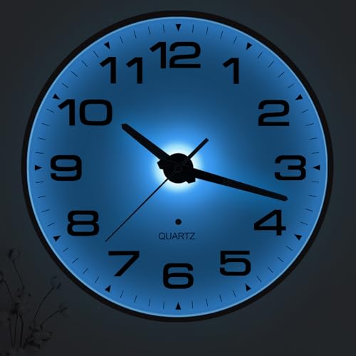 JoFomp Lighted Wall Clocks Battery Operated, 10 Inch Wall Clock for Bedroom Night Glow, Night Light Wall Clock Silent, Glow in The Dark Wall Clocks for Living Room Decor, Light Sensor - Auto Lighting