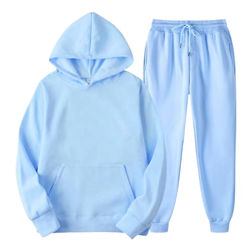 Completo da uomo 2 pezzi con felpa e pantaloni della tuta, abbigliamento sportivo casual, streetwear, vestibilità comoda, azzurro, taglia L