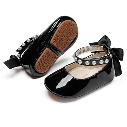 PHIRAMIN Baby Girls Black Mary Jane Flats - Infant 9-12 Months Walking Shoes Soft Rubber Sole Princess Wedding