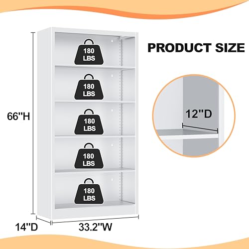 Image of VASAAOSD 66 inch Tall Metal Bookcase, 5 Shelf White Bookcase with Adjustable Shelves, Large Bookshelves and Bookcases, Modern Book Shelf Storage Organizer for Living Room, Home Office, Library