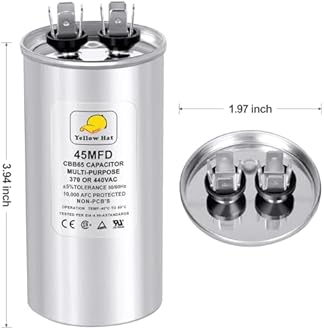 HVAC YELLOW HAT Capacitor for Air Conditioner 45 uf MFD 370 or 440 Volt VAC, Multi-Purpose Round Capacitor, 5 Year Warranty