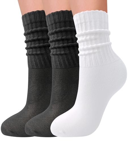 Image of 3 Pairs Slouch Socks for Women Soft Mid Calf Rib Scrunch Crew Tube Socks