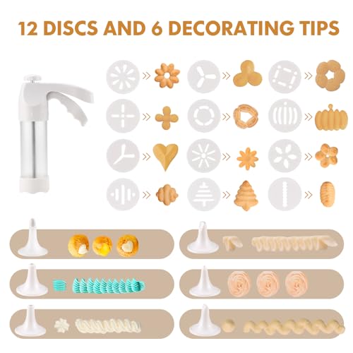 Dacono Cookie Press for Baking, Spritz Cookie Press, Cookie Press Gun Kit with 12 Cookie Press Discs and 6 Icing Tips, for DIY Biscuit Maker, Cake Icing Decoration,White - Thumbnail 3