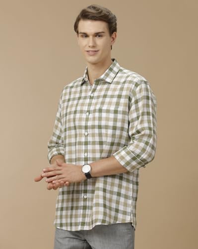 Image of Linen Club Men's Pure Linen Blue Checked Contemporary Fit Half Sleeve Casual Shirt