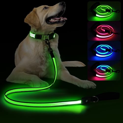 KOSKILL LED Dog Leash Ultra Bright Waterproof 7 Lighting Mode Glow in The Dark & Reflective Type-C Rechargeable Battery Indicator Carabiner Clip for Night Walking Safety Small to Large Pets
