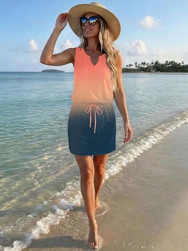 Image of SAUKOLE Womens Sleeveless T Shirt Dresses Casual Cute Floral Print Short Dress Summer Fashion Front Pockets