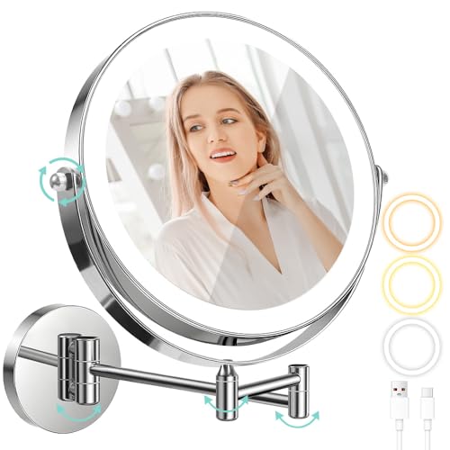 Reamfit Espelho de Maquiagem com LED, 1x/10x Ampliação, 3 Cores de Luz, Rotação de 360°, Montagem na