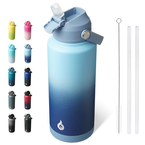Image of BJPKPK Water Bottle with Straw Lid, 32oz Vacuum Insulated Water Bottles, Metal Stainless Steel Thermo for Sports, Travel, BPA Free Leak Proof Thermo, Cups, Flasks, Tumblers,Sky