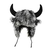 Winter Warm Plush Faux Fur Animal Hat Cute Plush Beanie Hat with Cow Horn Winter Warm Hat with Ear Flaps for Women Men (Gray)