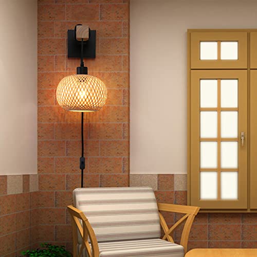 Image of Farmhouse Plug in Wall Light Fixture, Bamboo Rattan Wall Mounting Hanging Lamp for Bedroom, Living Room, Wood Beam Wall socnces with Plug in Cord