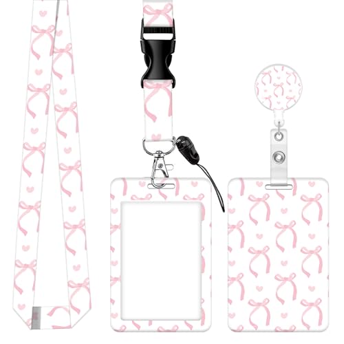 ID Badge Holder with Lanyard,Fashionable Retractable Badge Holders Reels with Lanyards Adjustable, for Women Kids Teacher Nurses Doctor Student(Cute Pink Ribbon Bow)
