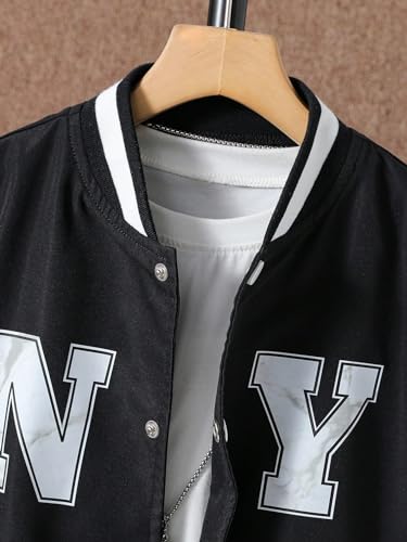 Image of Floerns Boy's Letter Print Colorblock Long Sleeve Varsity Bomber Jacket Without Tee Black and White 9Y