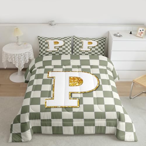 Image of Erosebridal Sage Green Checkered Bedding Set Full Plaid Initial P Comforter Set for Kids Adults Personalized Monogram Down Comforter,Fashion Grids Gingham Quilt Duvet