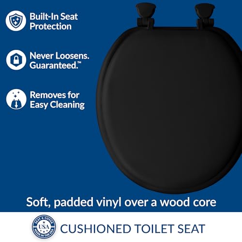Image of Mayfair Padded Toilet Seat, Cushioned Soft Vinyl over Wood Core Seat, Secure Hinges, Easy Clean, Made in USA, Round, Black