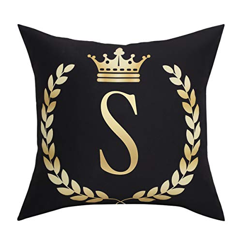 Black Pillow Cover Bronzing Throw Pillow Case English Alphabet S Throw Pillow Case Modern Cushion Cover Square Pillowcase Decoration for Sofa Bed Chair Car 18 x 18 Inch