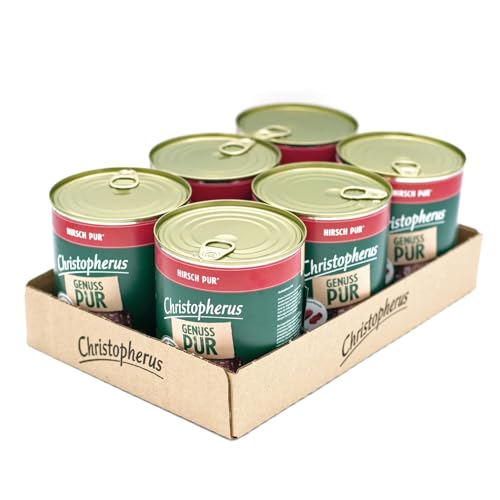 Christopherus Genuss PUR Getreidefreies Nassfutter für Hunde, Singleprotein, Hirsch, Vollnahrung, 6 x 800 g Dosen