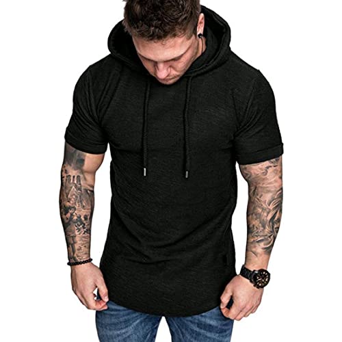 Kinkia Men's Casual Hooded T Shirts Short Sleeve Solid Color Pullover Summer Athletic Sports Hoodies Tops