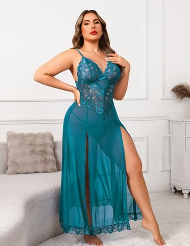 Image of Avidlove Plus Size Lingerie for Curvy Women Long Lace Babydoll Nightdress | V neck sheer mesh nightgown,g-string included,high side slits,adjustable straps,curve-flattering fit,maternity photoshoot
