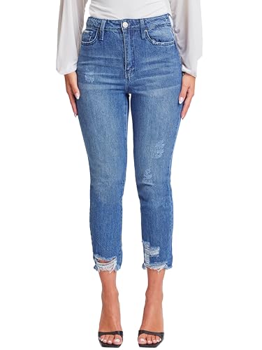 YMI Women's Junior Hybrid Dream High-Rise Slim Straight Jean with Frayed Hem