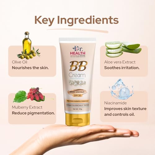 Image of Dr Health Carre BB Cream SPF 30, Natural Shade, Paraben-Free, Lightweight Foundation with Instant Spot Coverage, Evens Skin Tone, Natural Glow Finish, 50g (Pack of 2)