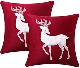 Christmas Decorations Cushion Covers, Pack of 2 Velvet Christmas Throw Pillow Covers with Reindeer Embroidery, Square Christmas Decorative Pillowcase for Home Car Office, Red, 45x45 cm