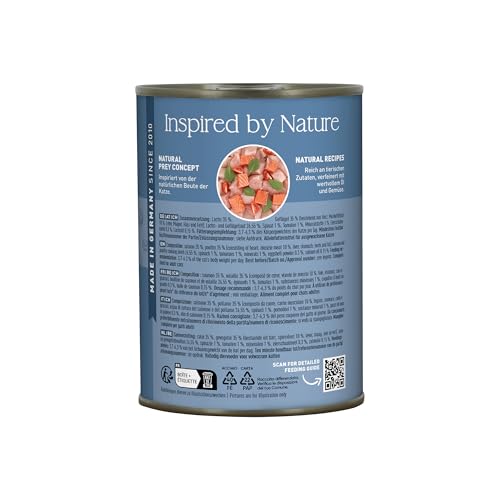 catz finefood N° 5 Lachs & Geflügel Feinkost Katzenfutter nass, verfeinert mit Spinat & Tomate, 6 x 400g Dosen