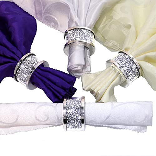 Silver Diamond Glass Napkin Holder Stainless Steel Framed，Crystal Silver Napkin Rings Set Of 4 Pieces, Glam Serviette Buckles Cloth Holder Sparkle Bling Crushed Diamond Table Settings Home Decor #TOP4