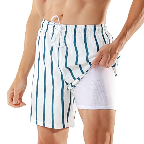 BRISIRA Mens Swim Shorts Swim Trunks 7 Inch 2 in 1 Compression Liner