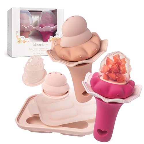 Image of Moonkie Baby Fruit Feeder for Self-Feeding: Controlled Flow Design for Safe First Foods - BPA Free Silicone Food Feeder with Freezer Tray for Cooling Comfort - Baby Shower Gifts 4M+ - 2 Pack