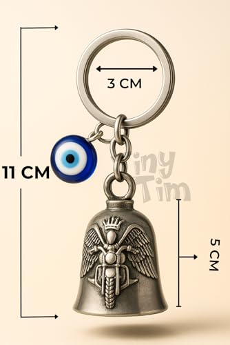 Image of Tiny Tim Guardian Bell with Evil Eye Charm - Protective Motorcycle & Car Accessory - Tibetan-Inspired Design - Wards Off Negative Energy - Ideal Gift for Bikers & Travelers