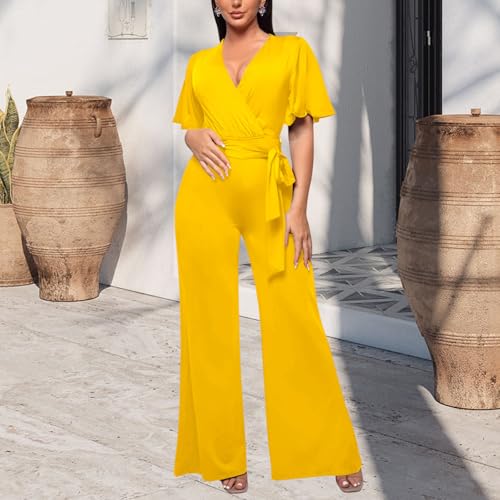 Image of PaladMom Womens Elegant Plus Size Jumpsuits Sexy Back zipper Short Sleeve Mid Waist Wide Leg Straight Rompers