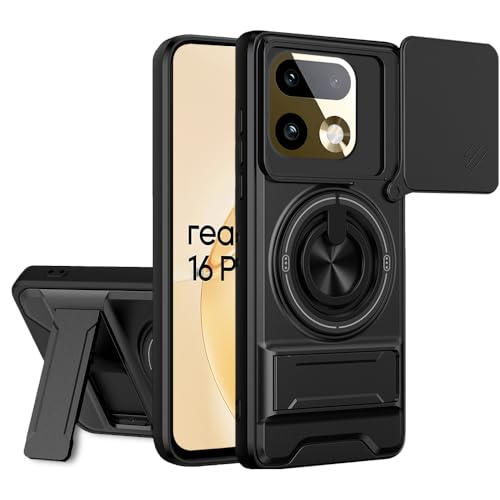 Image of AESTMO Realme 16 Pro Plus 5G Back Cover | Armor Camera Slider 360 Degree Rotating Finger Ring Holder Case with Bracket Stand Back Case Cover (Compatible with MagSafe Accessories) (Black)