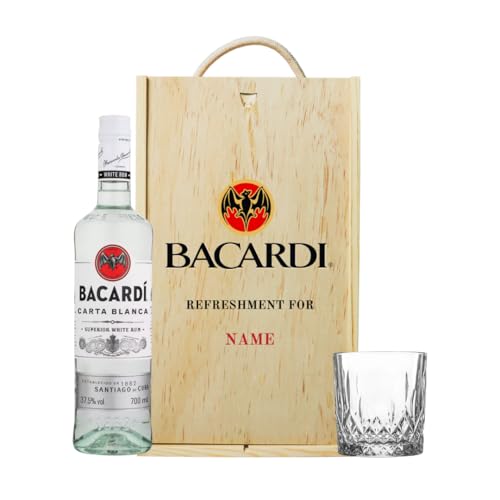 Personalised Bacardi White Rum Gift Set in Wooden Box with Glass – 70cl Bottle (37.5% ABV) – Alcohol Gift Set for Him, Birthday Gifts for Men, Rum Gifts, Mens Gift Set