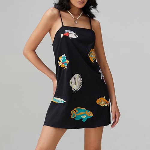 Women's Black Spaghetti Strap Short Dress with Colorful Fish Embroidery Casual Summer Sleeveless Mini Dresses2