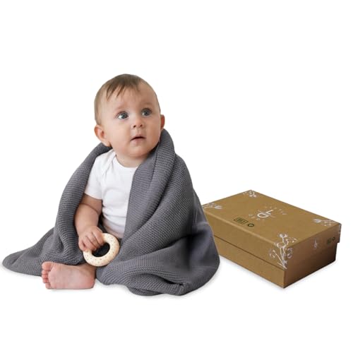 Image of Little Dedi 100% Organic Cotton GOTS Certified Baby Knitted Blanket with Gift Box - Soft Toddler, Crib, Stroller Blanket - Neutral Swaddle and Receiving Blanket for Newborns, 30"x40", Dark Grey