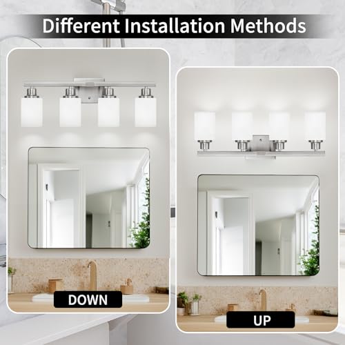 Image of Bathroom Vanity Light 4-Light Nickel Bathroom Light Fixtures 24in | White Frosted Ribbed Glass Shade Wall Lights Bath Vintage Wall Mounted Lamps for Mirror Bedroom E26 Base
