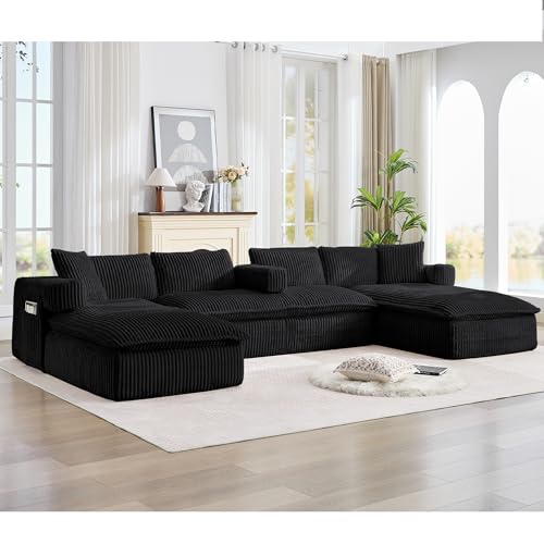 Image of Oversized Cloud Boneless Couch with Chaise, 149 inch Modern U Shape Modular Deep Seat Sectional Sofa, Comfy Corduroy Upholstered Couches for Living Room, No Assembly Required, Black